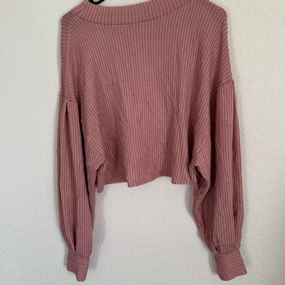 Free People Pink Ribbed Crop Pullover Sweater Medium Long Sleeve - Picture 7 of 7